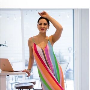 Skivys Malibu Goddess Gown maxi dress, colorful stripes, built in shelf bra